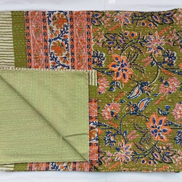 Queen size kantha bed Cover hand made Cotton Throw Indian Print blanket - Picture 1 of 3